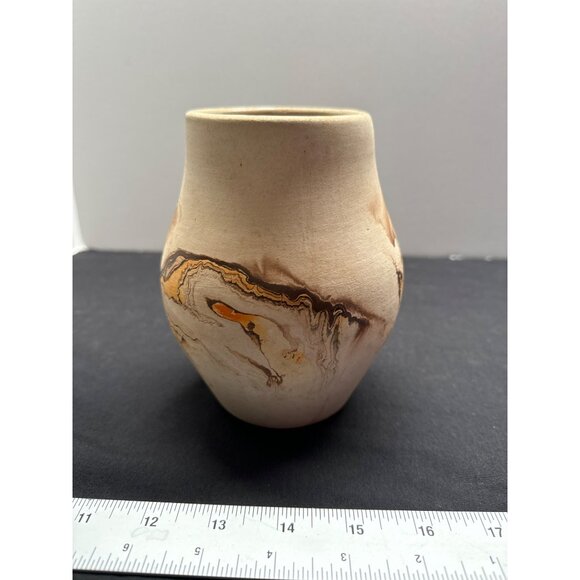 Nemadji PotteryHandcrafted USA Pottery Vase With Marbled Design In Brown Earthy - Picture 3 of 8